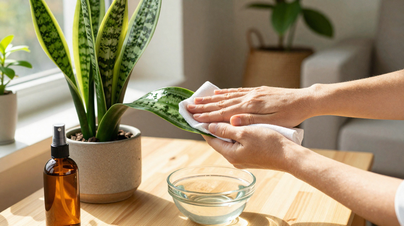 Hands cleaning a snake plant leaf with a cloth, next to a bowl of water and spray bottle on a wooden table.