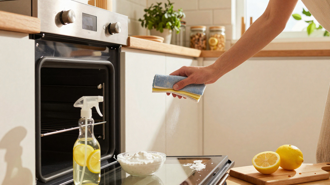 Person cleaning an oven door with a sponge and lemon-scented cleaner in a bright kitchen.