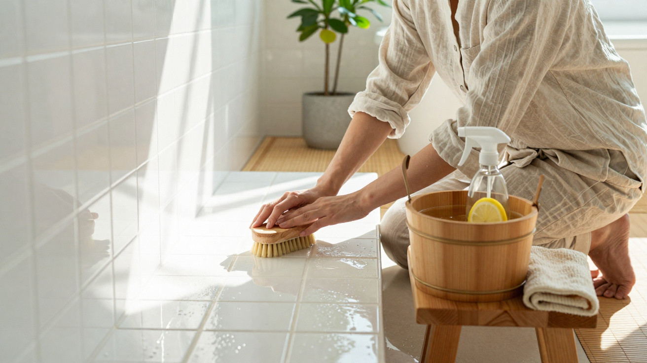 Person scrubbing wet white tiles with a brush beside a wooden bucket, spray bottle, and towel on a stool.