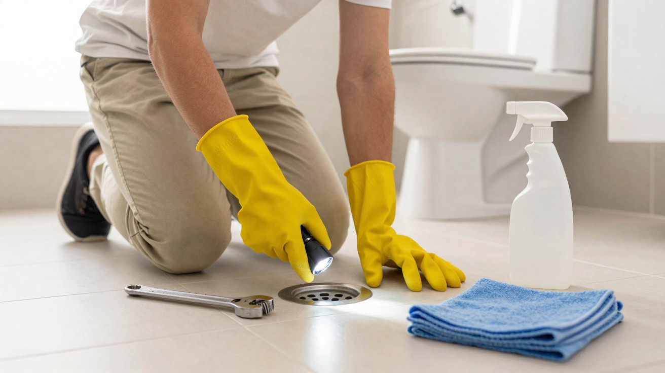 Person wearing yellow gloves inspecting bathroom floor drain with flashlight, cleaning spray, and cloth nearby.