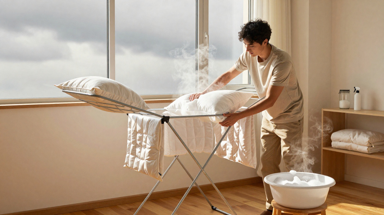 Man steaming pillows and bedding near a large window in a bright, minimalistic room with wooden floor.