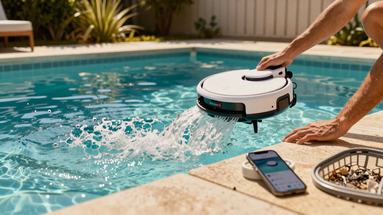Person lifting a white robotic pool cleaner from a swimming pool with smartphone and debris basket nearby.